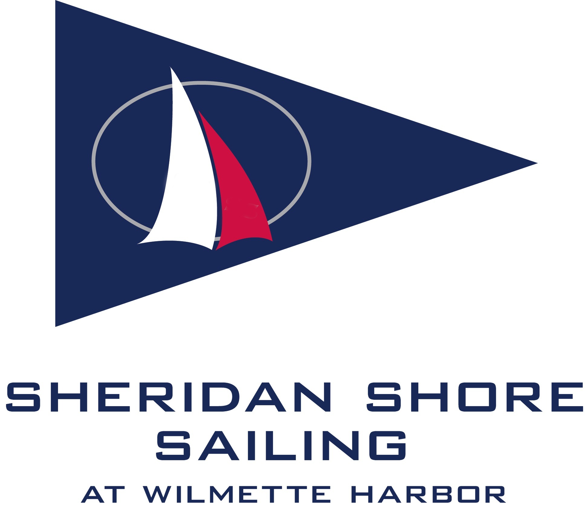 A blue triangle with red white and blue sailboat logoDescription automatically generated